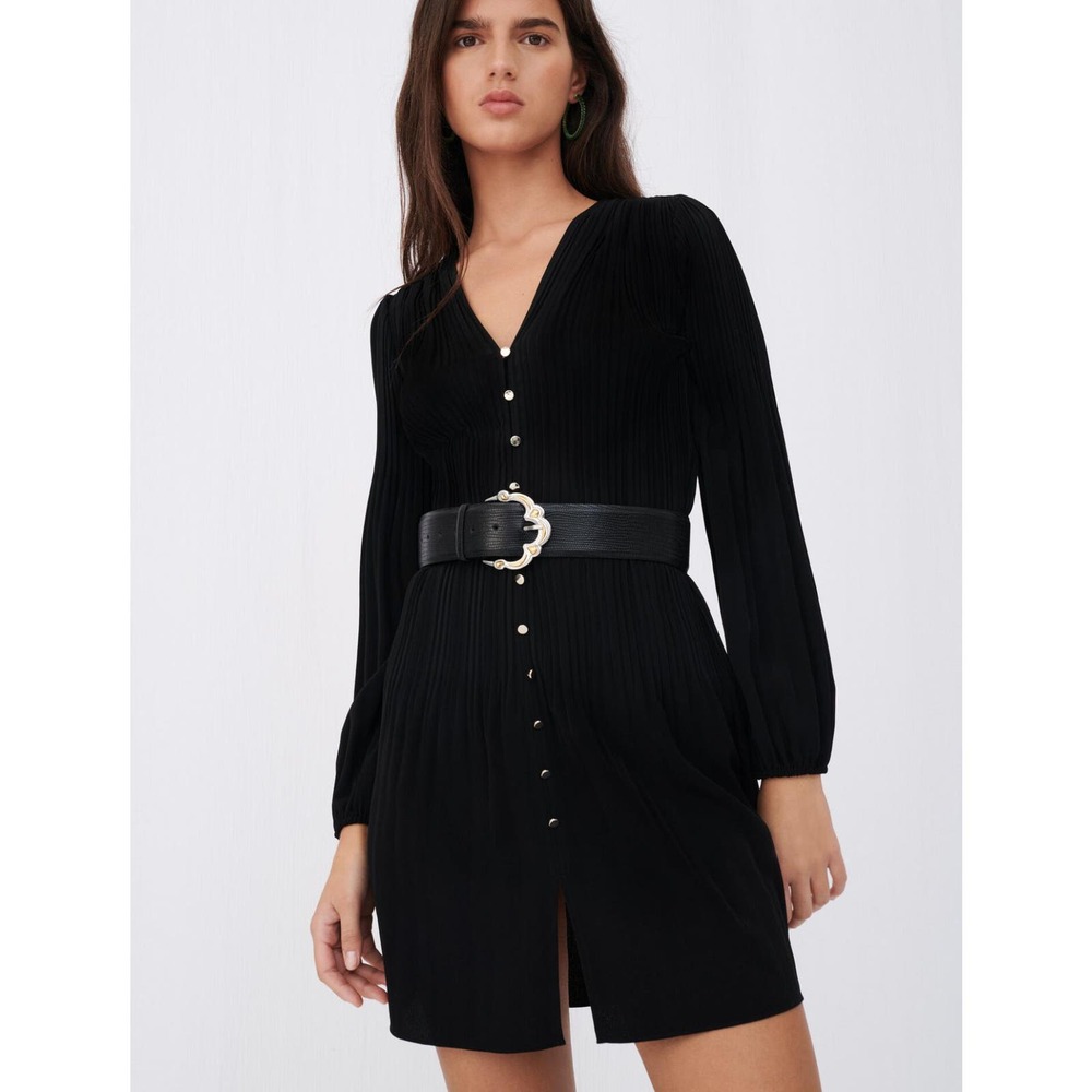 Maje Women's size M Medium (38) Rochanie Plated Button Front Dress Black Noir